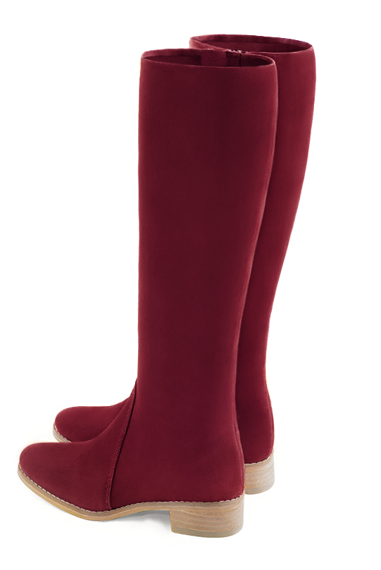 Burgundy red women's riding knee-high boots. Round toe. Low leather soles. Made to measure. Rear view - Florence KOOIJMAN